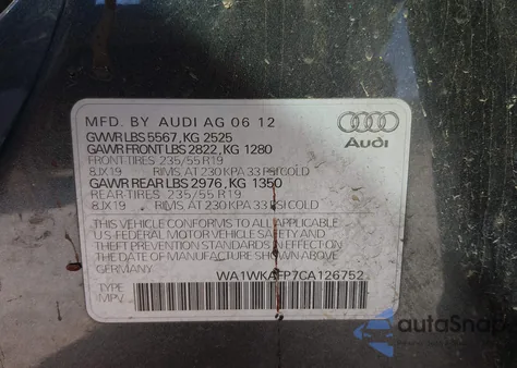 2012 Audi Q5 3.2 Premium z USA, uszkodzony, nr VIN WA1WKAFP7CA126752